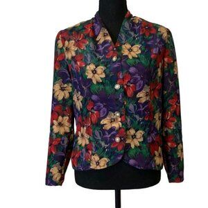 Leslie Fay Women jacket Blouse Floral pearl buttons Vintage 80's jacquard print